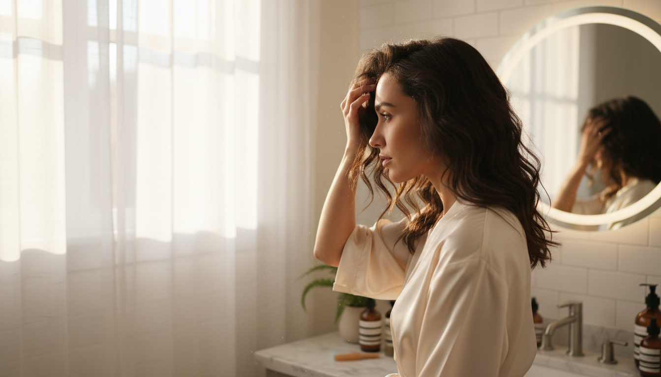 Woman examining her hair part in a sunlit mirror, highlighting subtle thinning signs