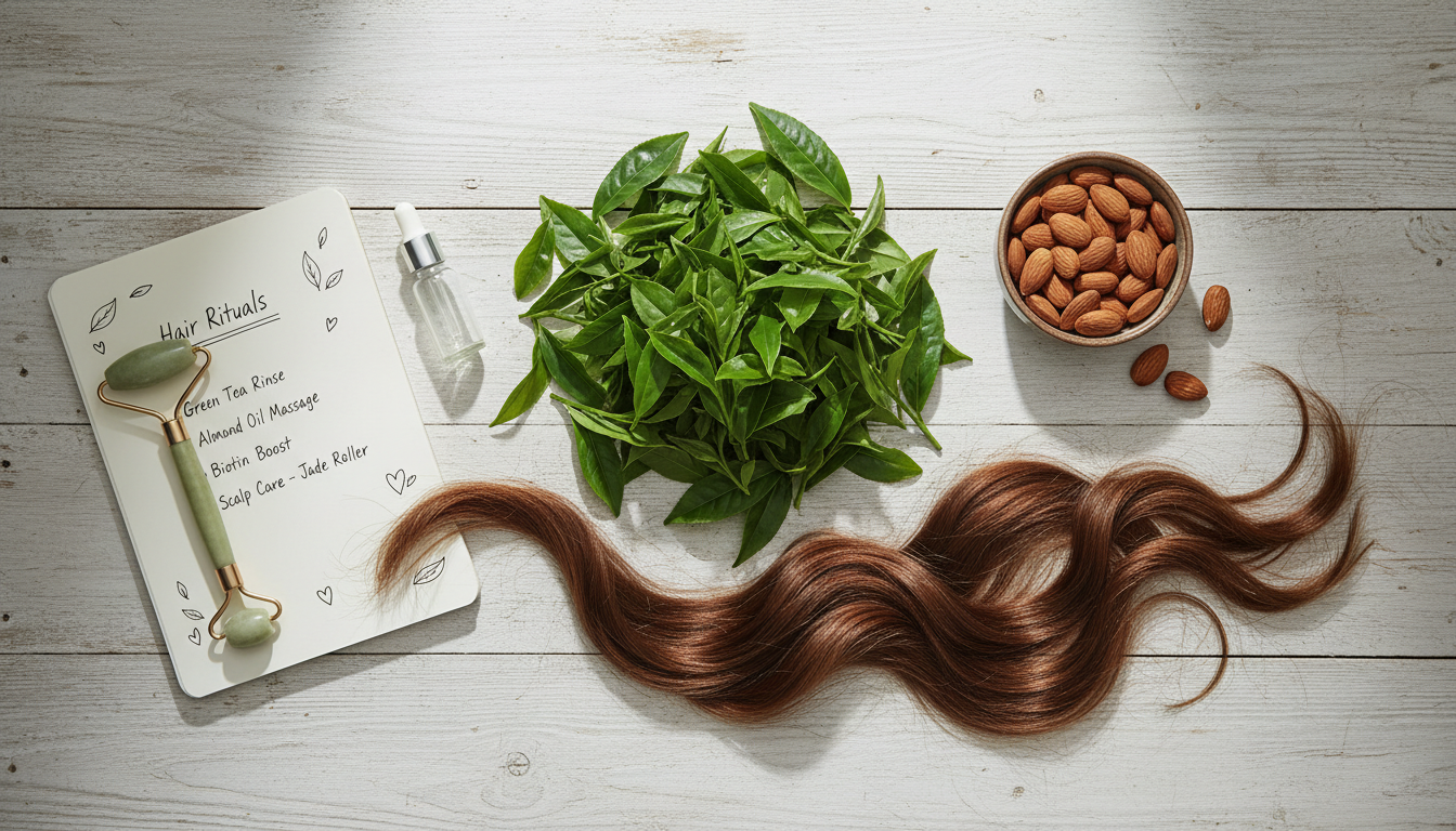 Flatlay of natural ingredients and tools for tracking hair health at home