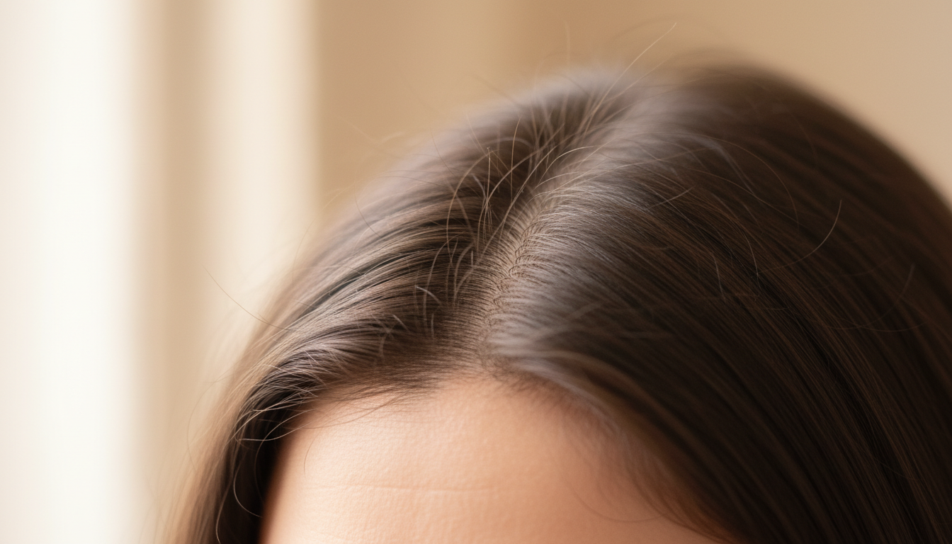 Close-up detail of widening hair part line under natural light