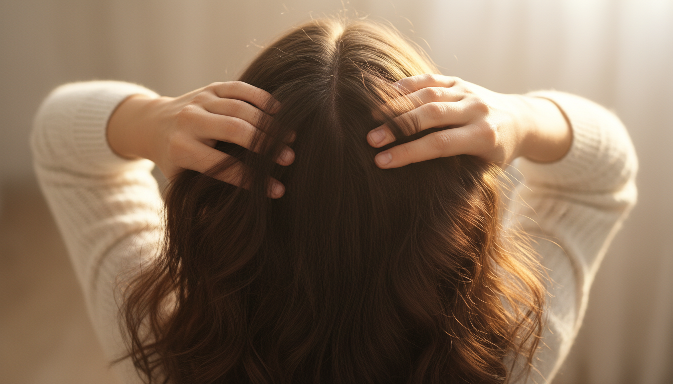 Hands gently assessing hair texture and volume in warm sunlight