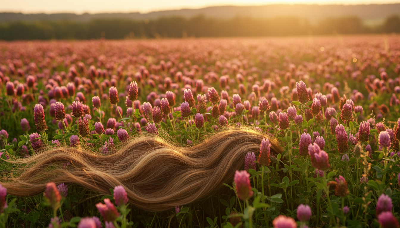 Red clover flowers blooming in meadow with flowing hair strands, symbolizing natural hair growth