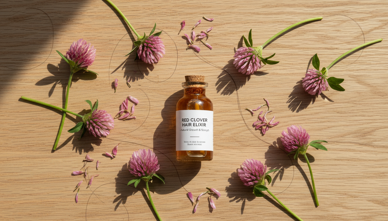 Flatlay of red clover flowers, extract dropper, and hair strands on wooden surface