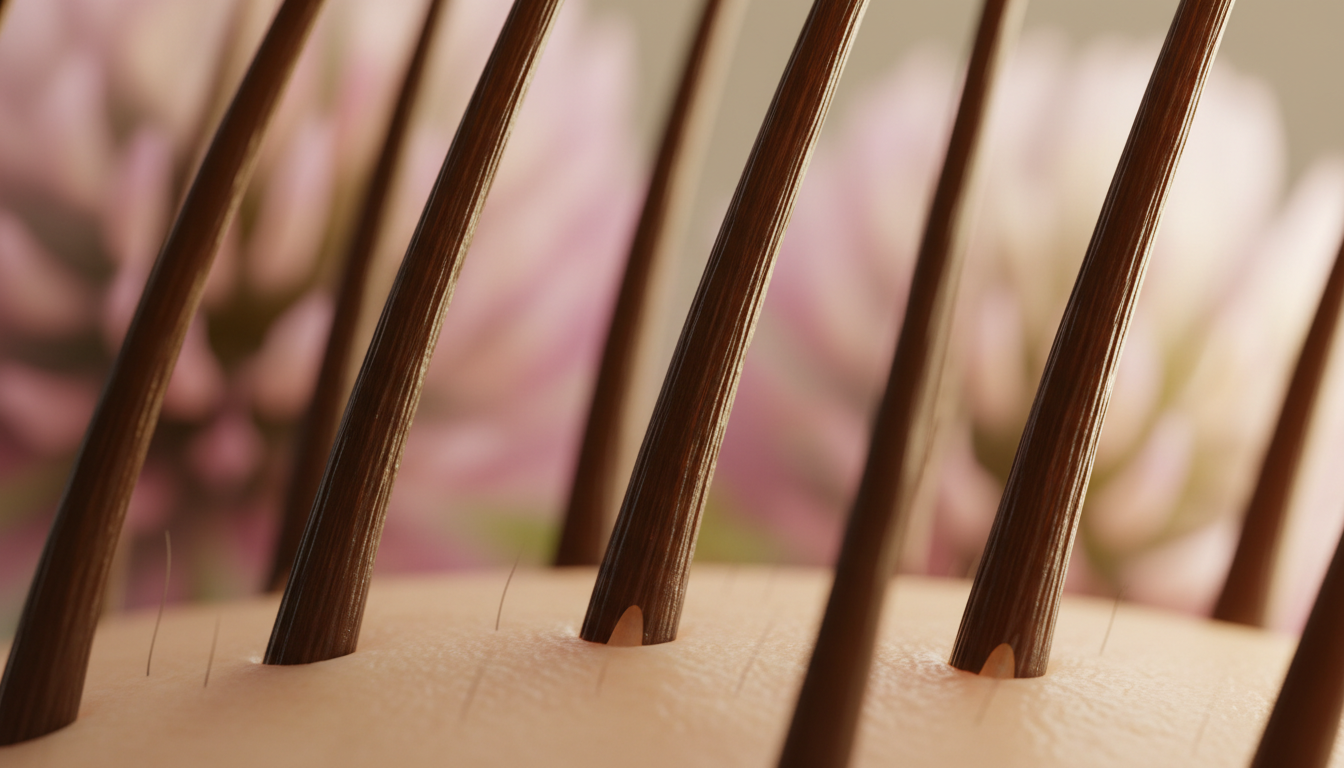 Close-up macro shot of healthy hair strands and scalp follicles
