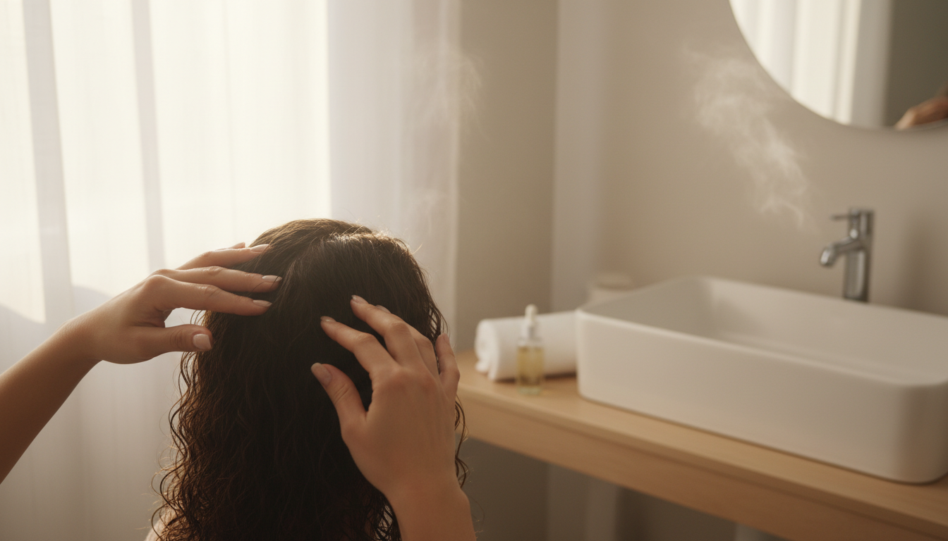 Hands massaging serum into hair during bathroom routine