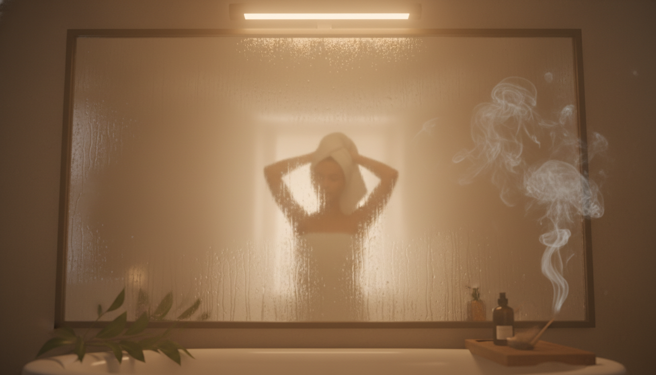 Foggy bathroom mirror with silhouette during post-shower hair care moment
