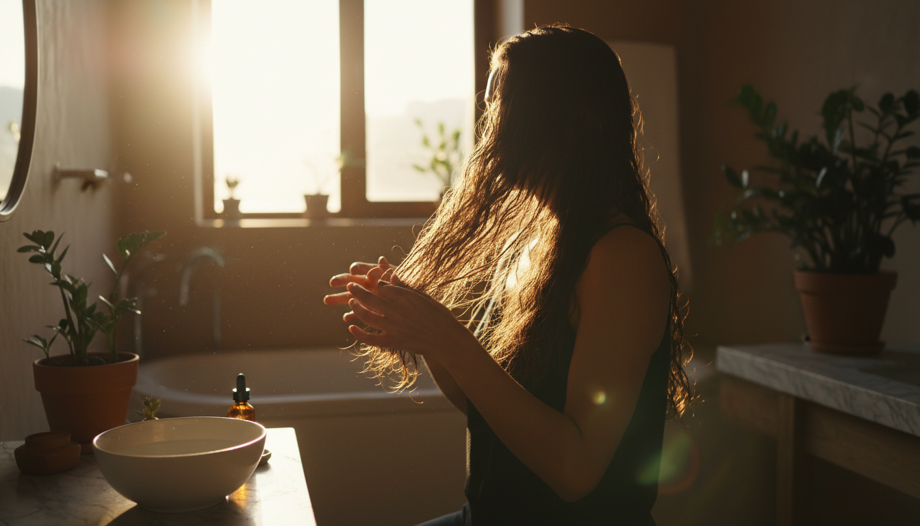 Woman gently detangling damp hair in a sunlit bathroom