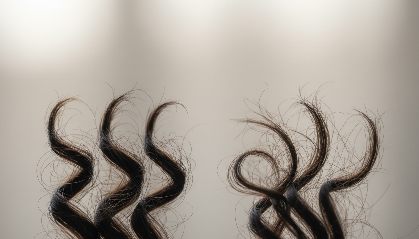Close-up of healthy and damaged hair strands