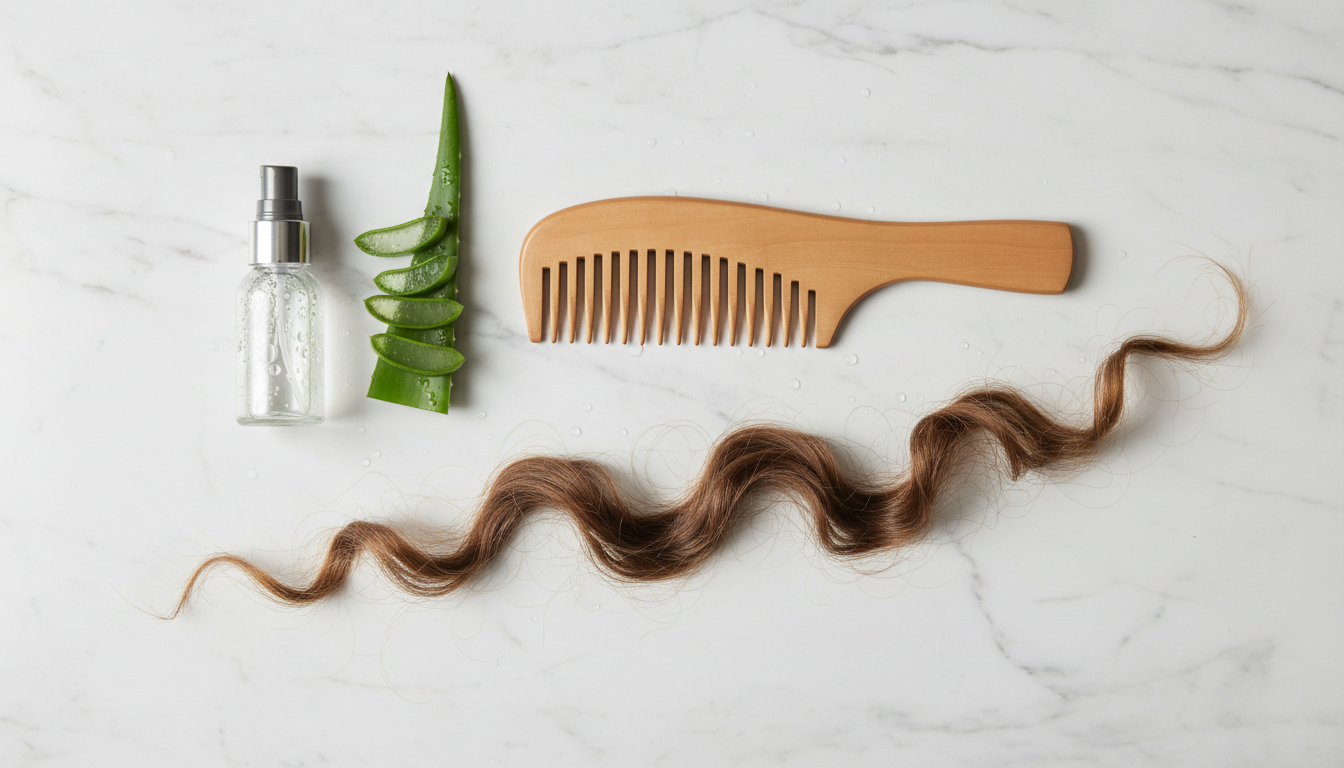 Flatlay of detangling tools and natural slip enhancers