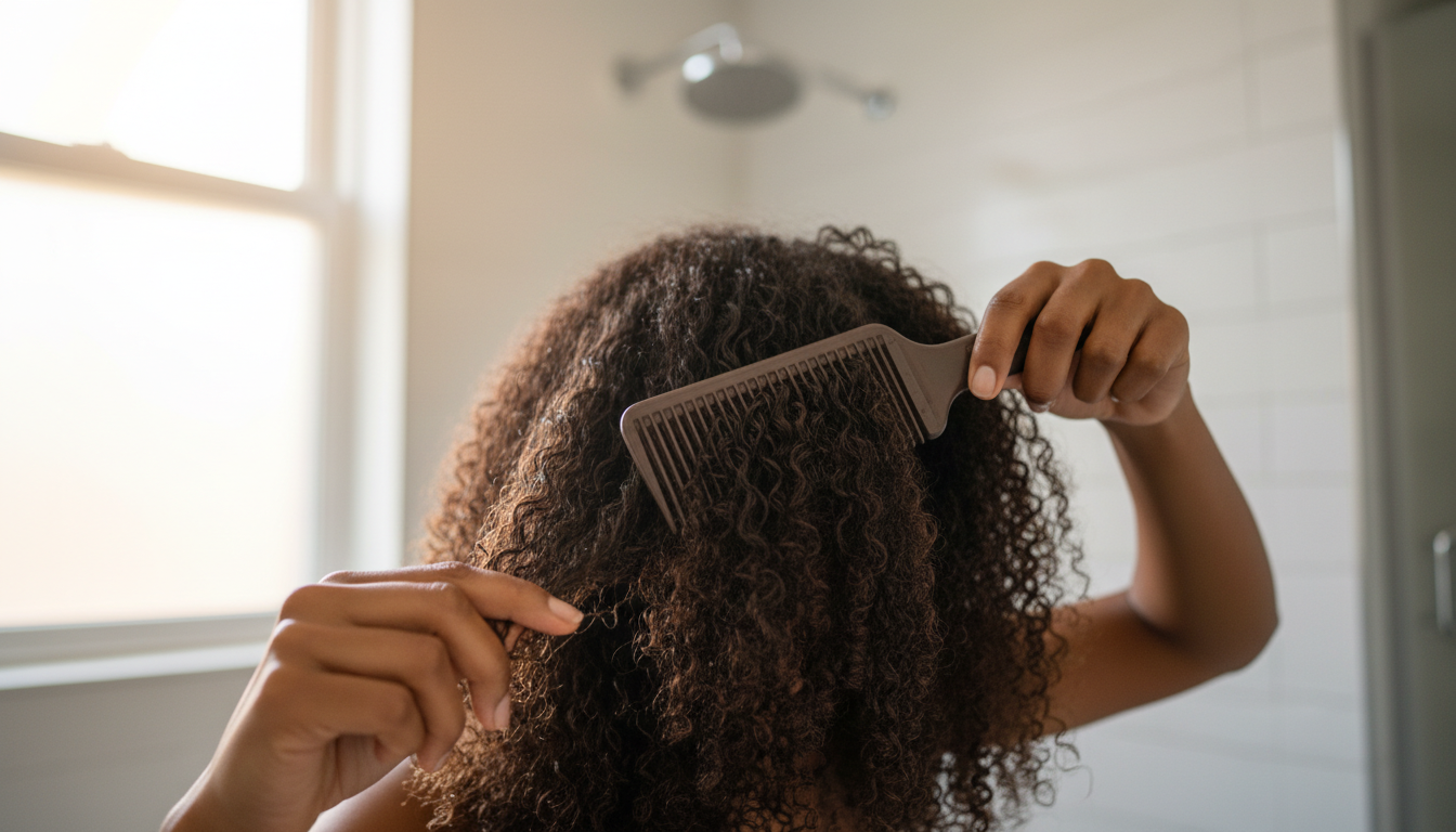 Hands using wide-tooth comb on wet coily hair