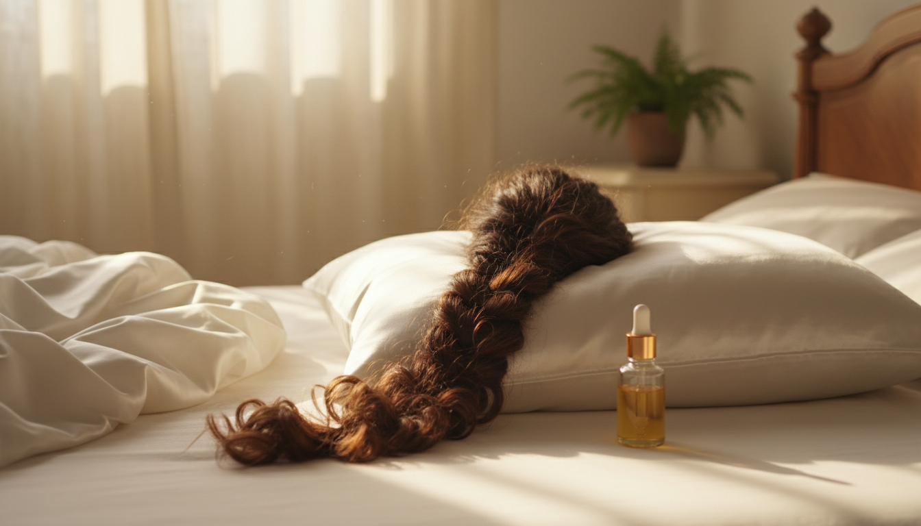 Silk pillowcase with braided hair and oil vial
