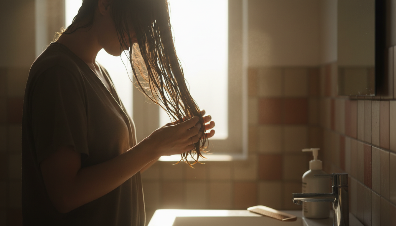 Woman gently washing her hair in a sunlit bathroom, illustrating proper technique