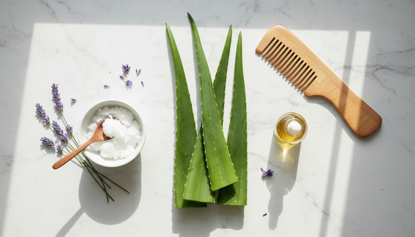 Flatlay of natural hair care ingredients like aloe and oil on marble