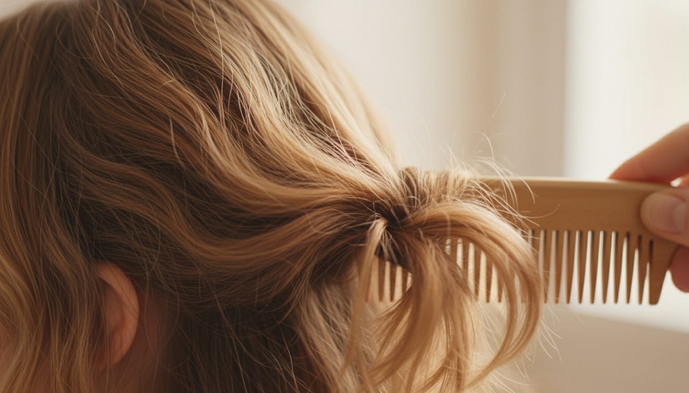 Close-up of detangling dry hair with a wide-tooth comb before washing