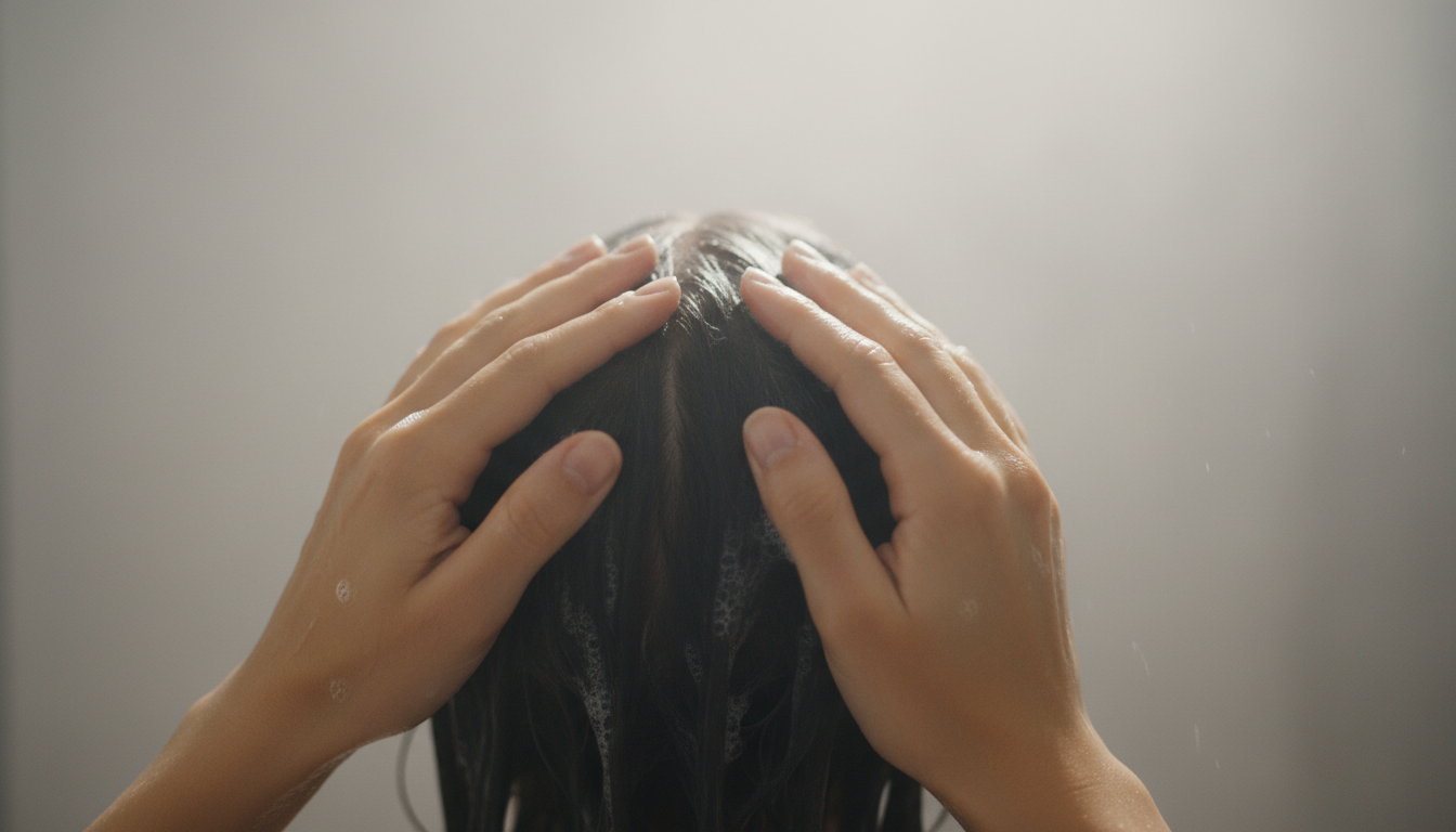 Hands massaging shampoo into scalp during shower routine