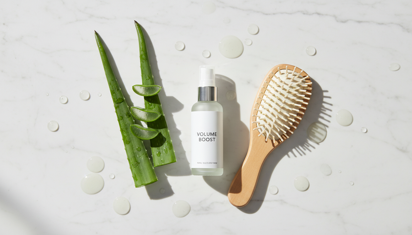 Flatlay of lightweight hair care products and natural ingredients for thin hair