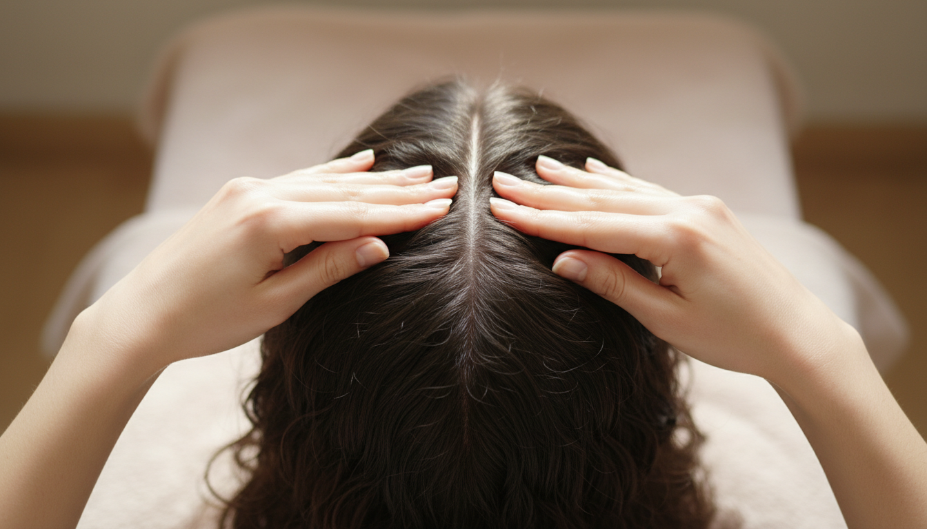 Hands massaging scalp to promote hair health and reduce thinning