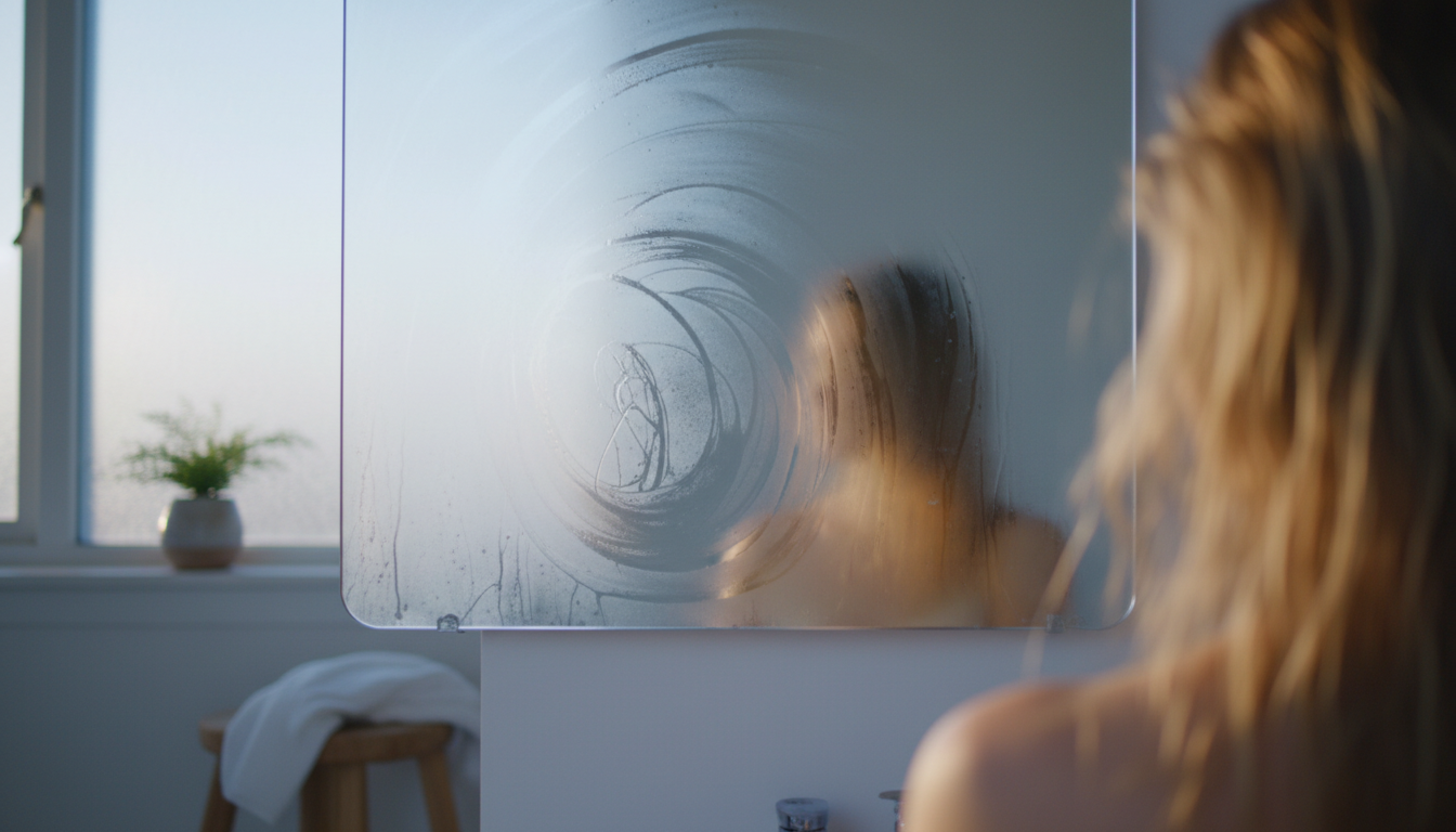 Steamy bathroom mirror reflecting air-dried thin hair after routine