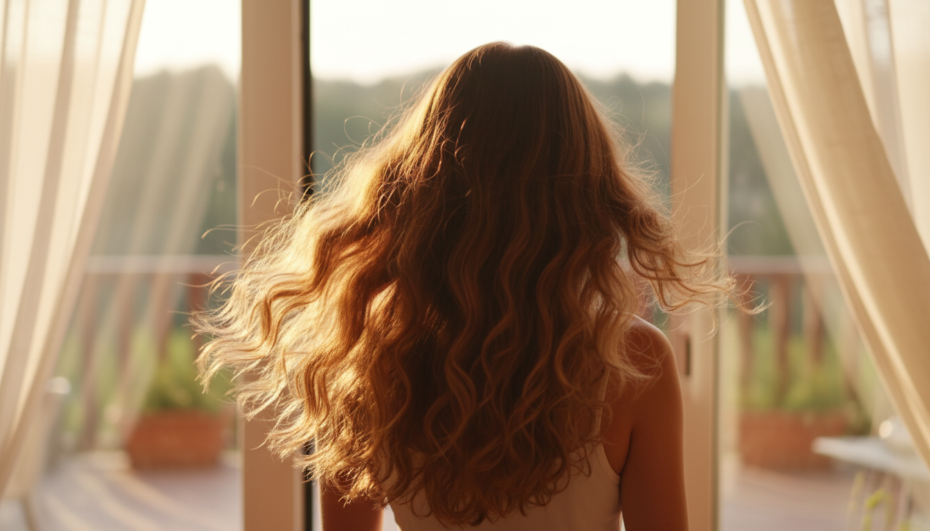 Woman with polished, air-dried wavy hair in natural sunlight