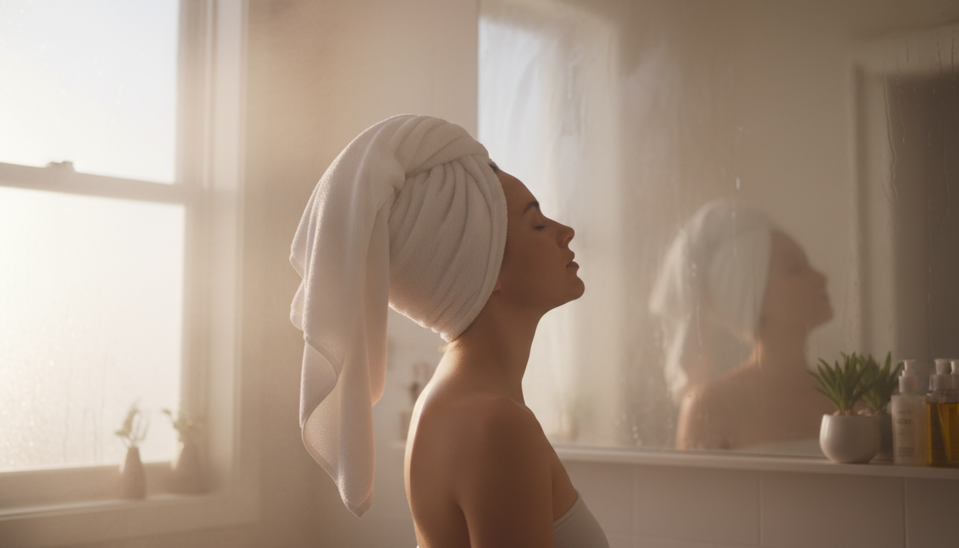Post-shower hair wrapping in a steamy bathroom