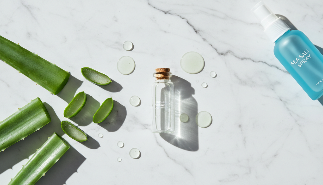 Flatlay of natural products for air-drying hair