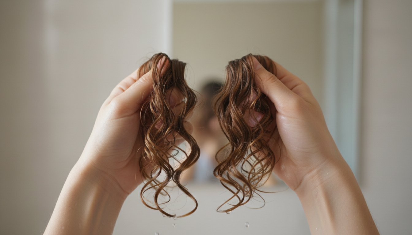 Hands scrunching damp hair for waves