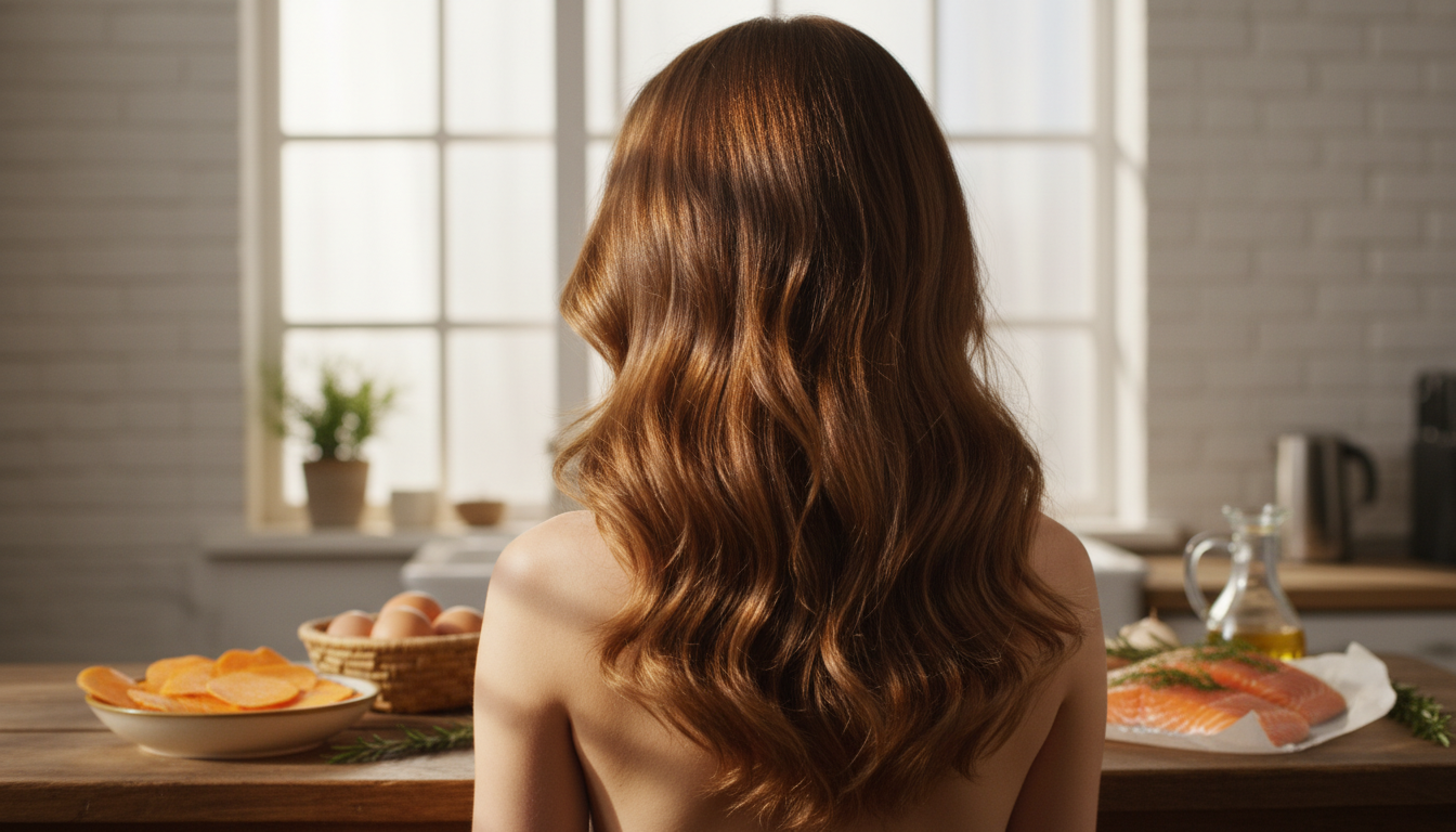 Healthy hair with fresh food ingredients on kitchen table