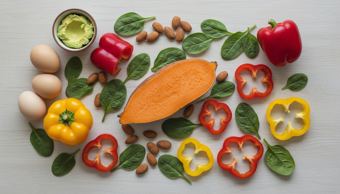 Flatlay of vitamin-rich foods like sweet potatoes and almonds