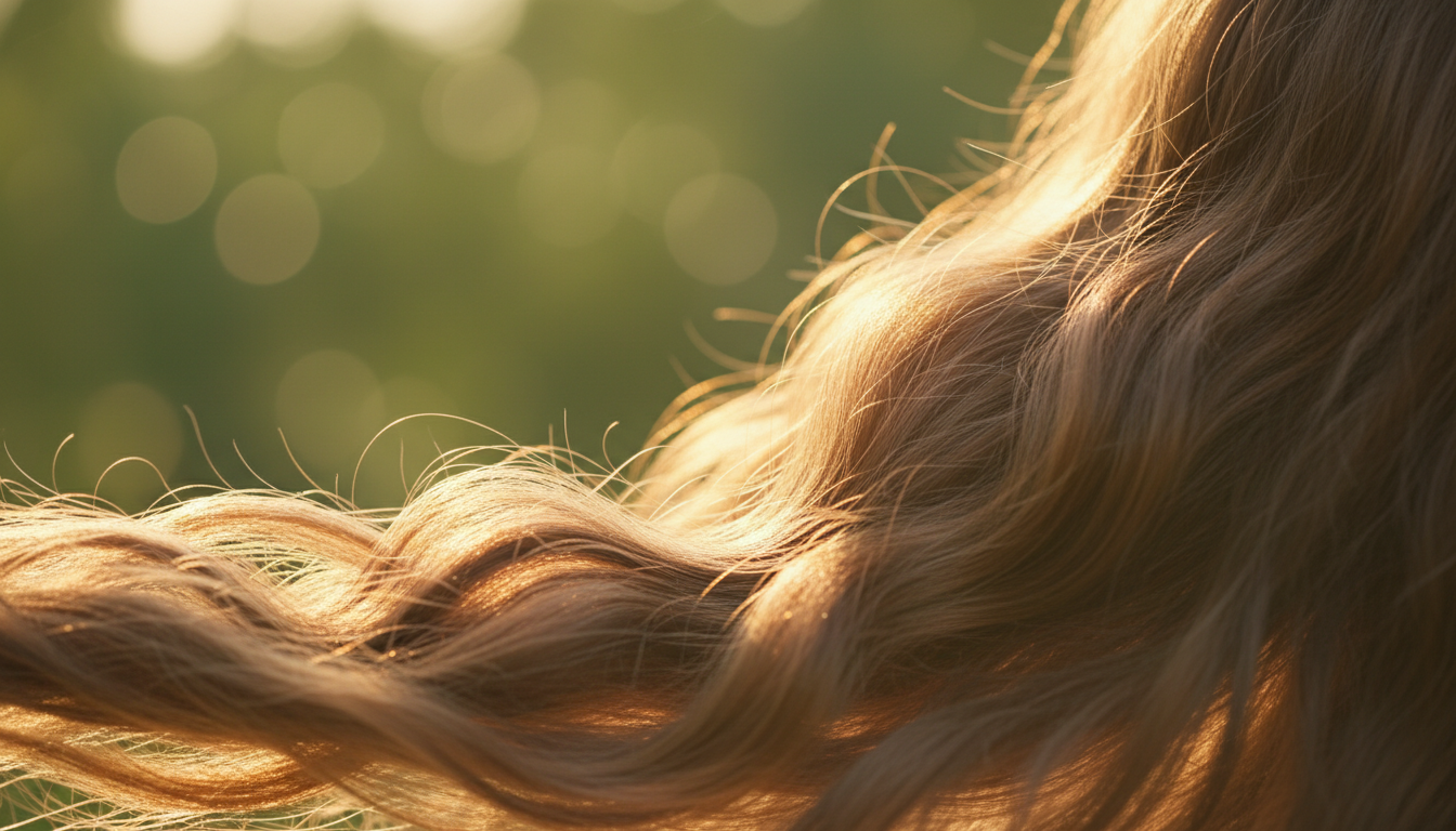 Close-up of shiny, healthy hair strands in sunlight