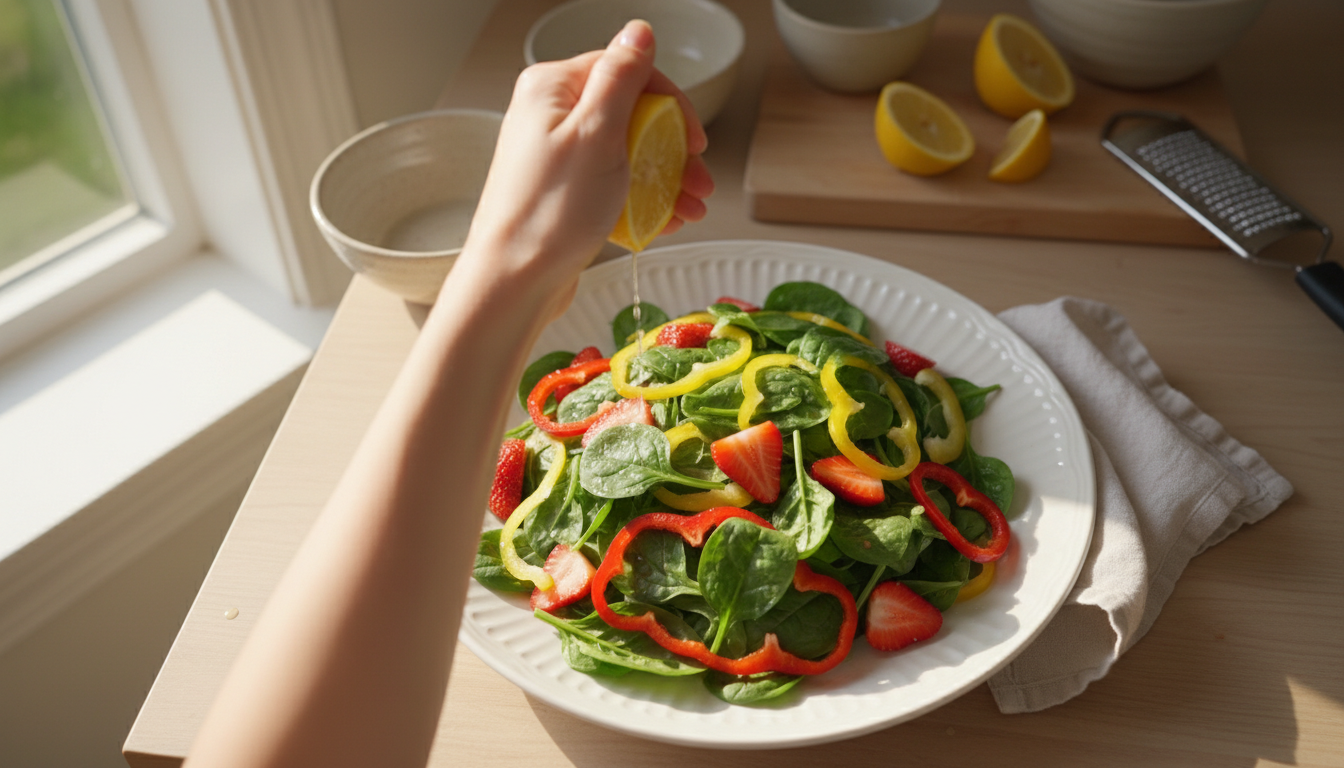 Hands preparing vitamin C-rich salad with lemon dressing