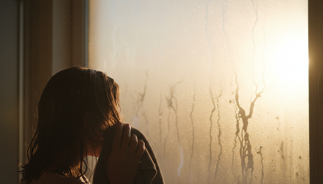 Steamy bathroom window with morning light and damp hair silhouette