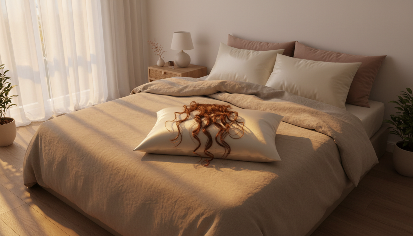 Serene bedroom scene with silk pillowcase for nighttime hair protection