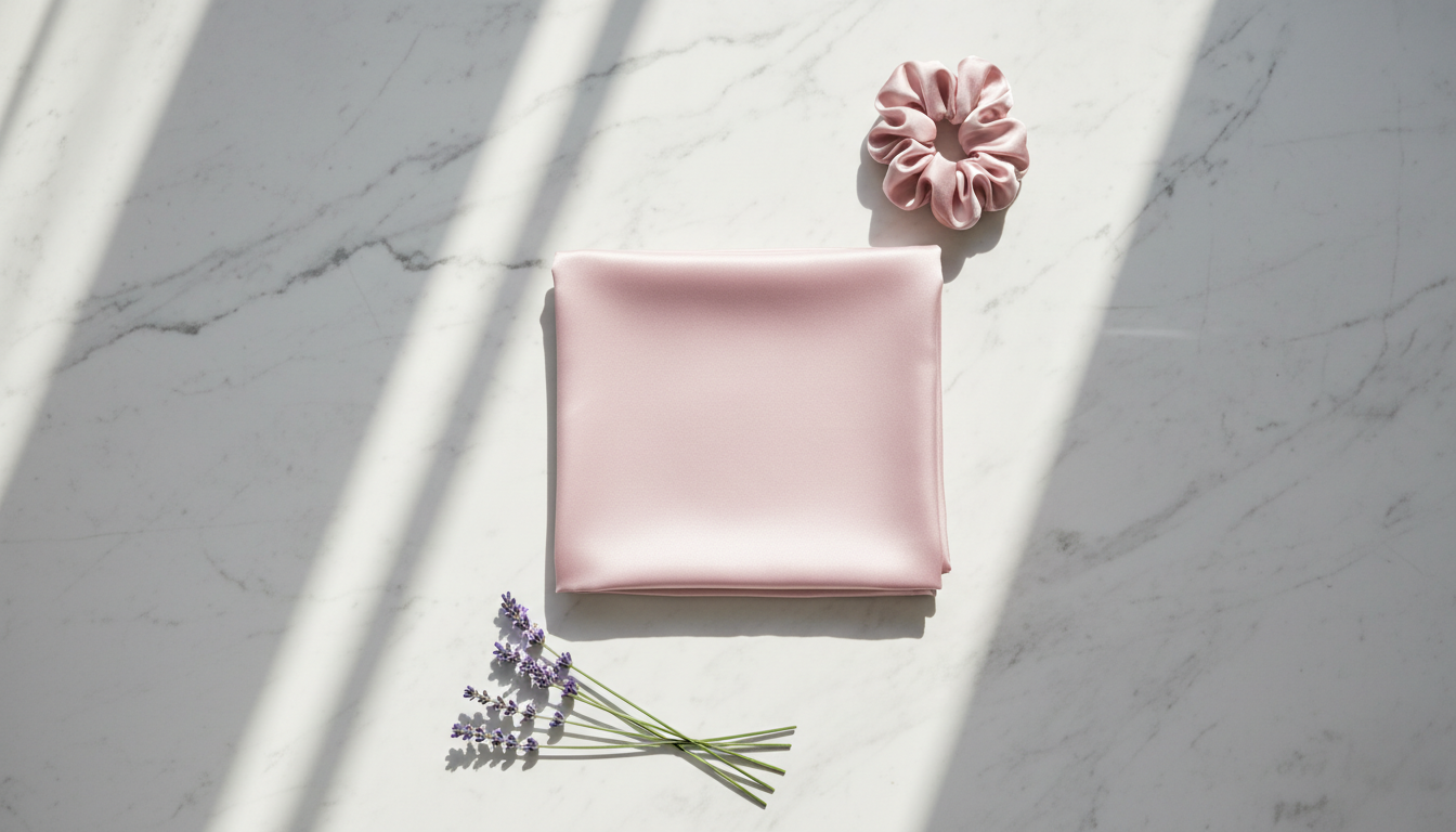Flatlay of silk pillowcase and hair accessories for bedtime routine