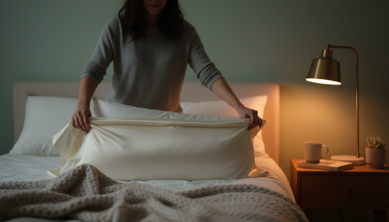 Woman changing to satin pillowcase in cozy bedroom