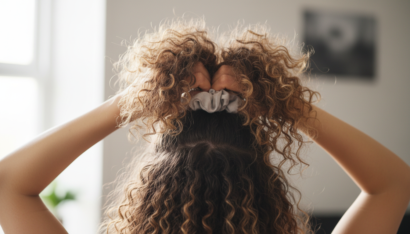 Hands creating pineapple ponytail for curly hair protection