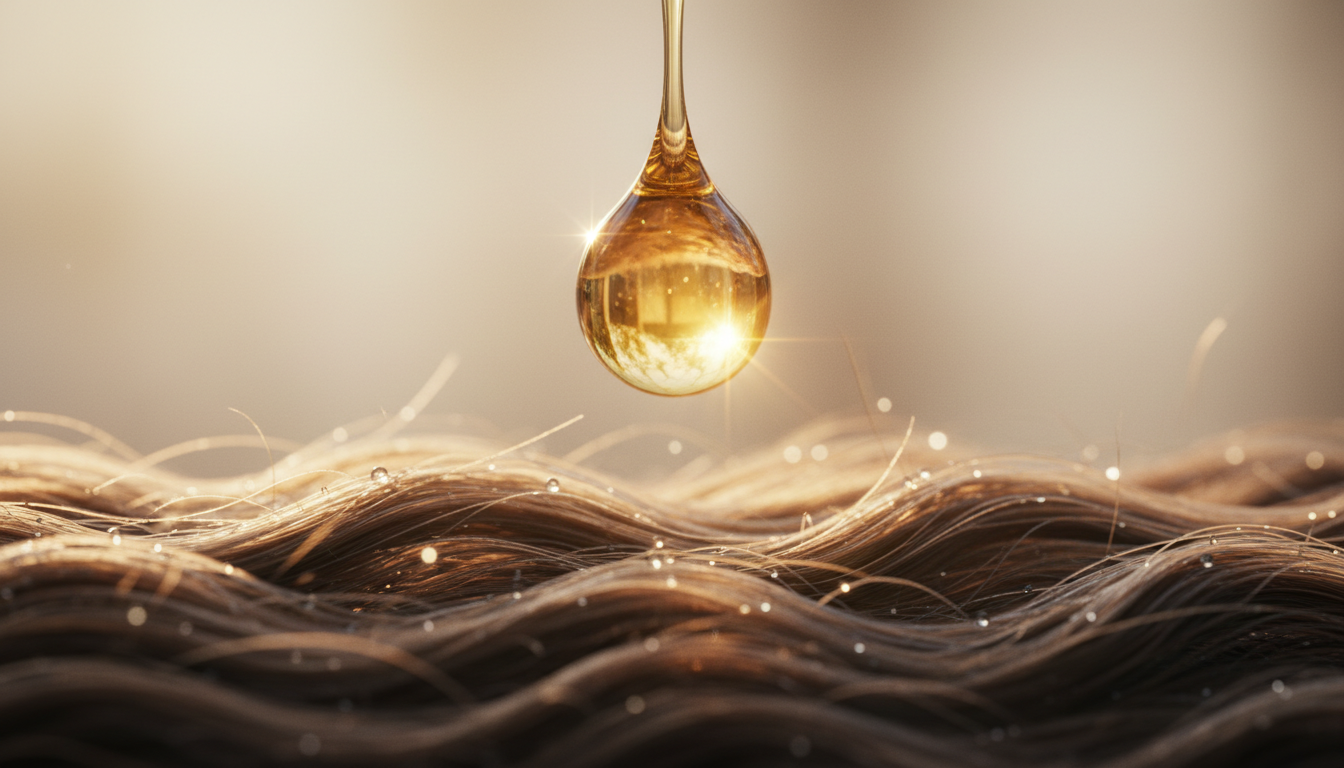 Close-up of oil drop on hair ends for overnight treatment