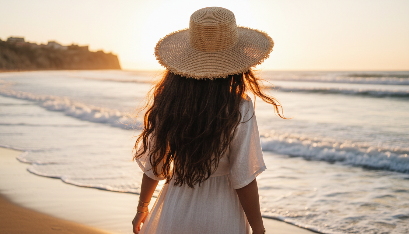 Woman with braided hair and hat enjoying a sunny beach day