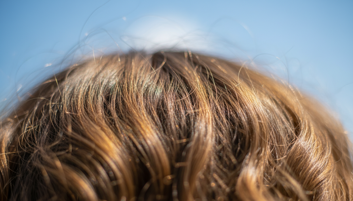 Close-up of sun-exposed wavy hair strands showing texture