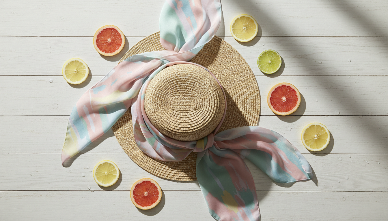 Flatlay of hat, scarf, and citrus for UV hair protection