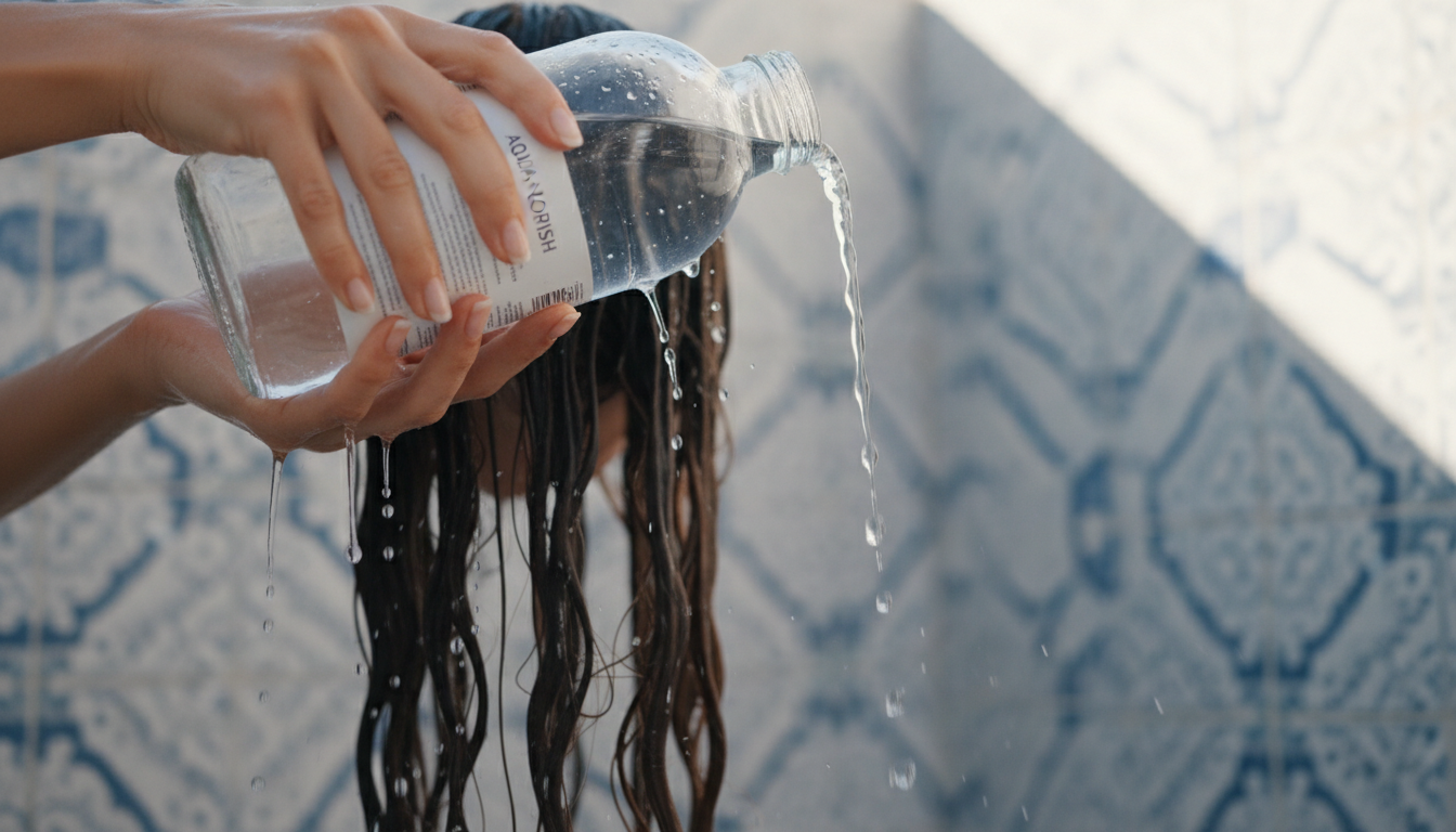 Hands wetting hair with fresh water before swimming