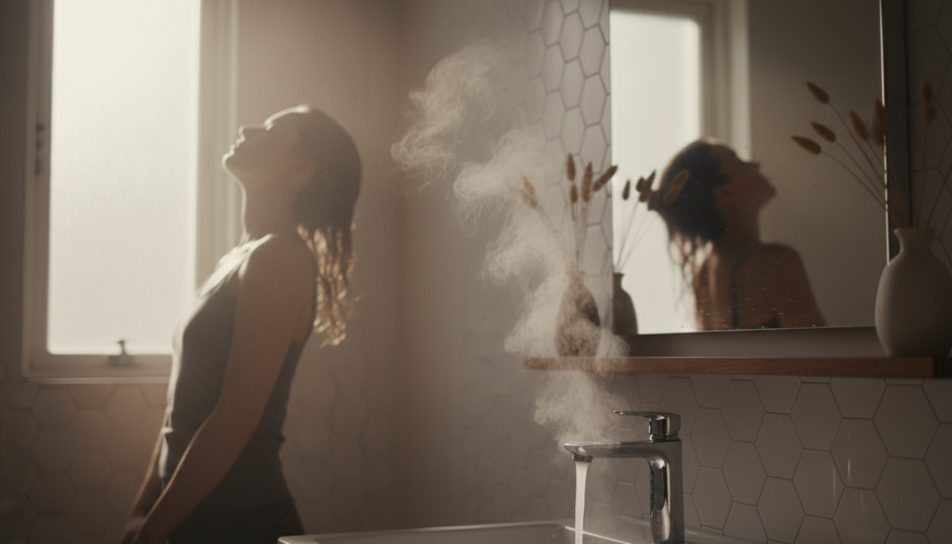 Steamy bathroom scene of post-swim hair rinse