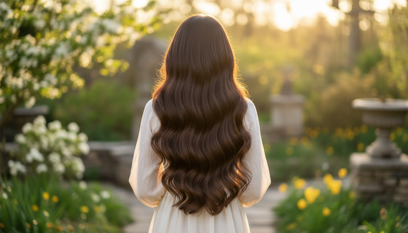 Woman with long, healthy flowing hair in golden sunlight, symbolizing natural hair growth