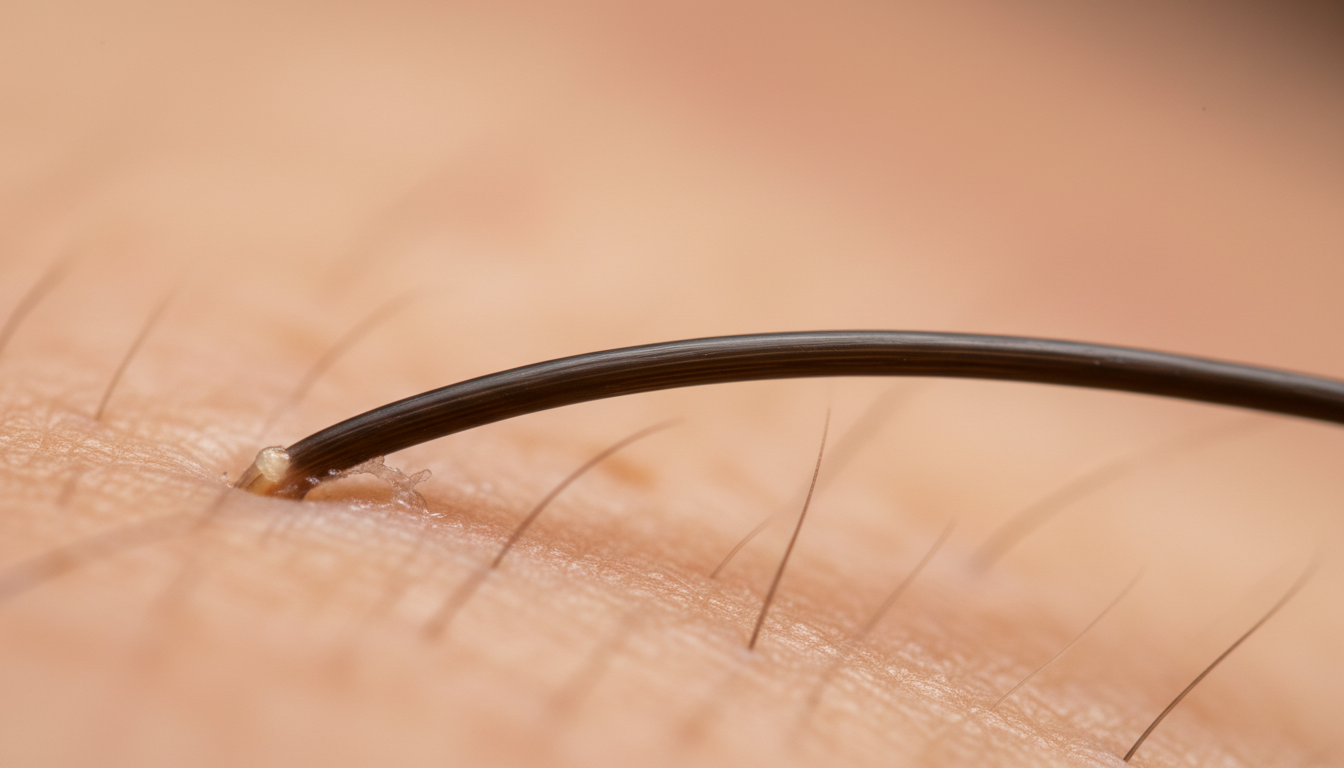 Close-up of emerging hair strand from scalp, illustrating natural growth rate