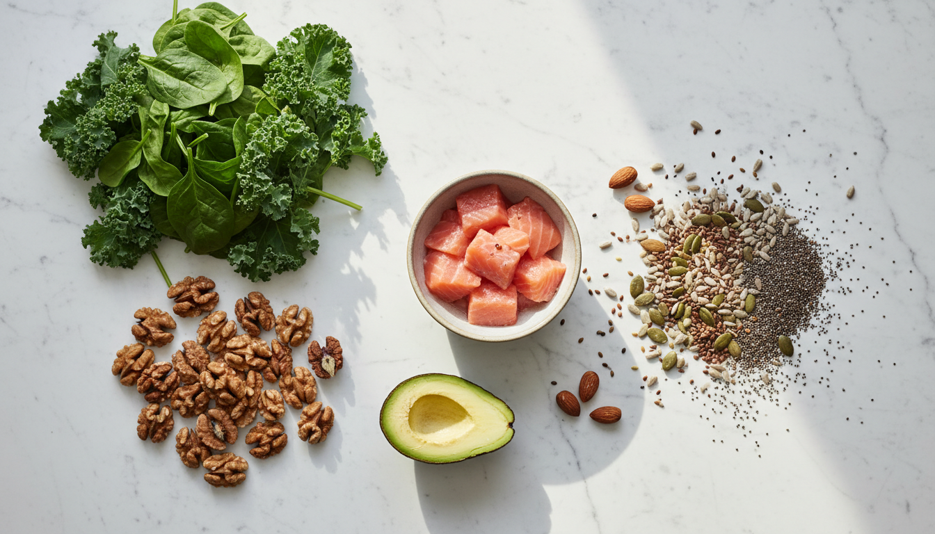 Flatlay of nutritious foods like spinach and nuts for hair health support