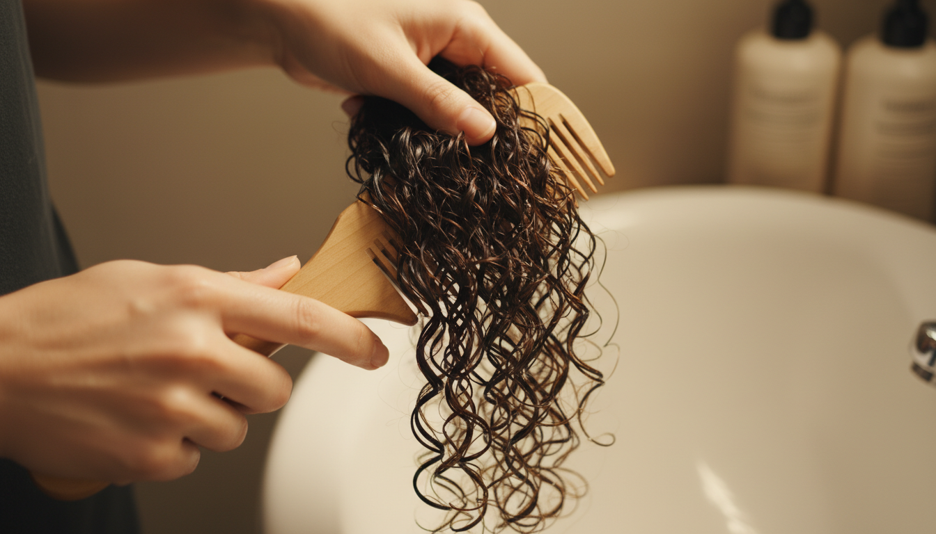 Hands detangling wet curly hair with wide-tooth comb to prevent breakage