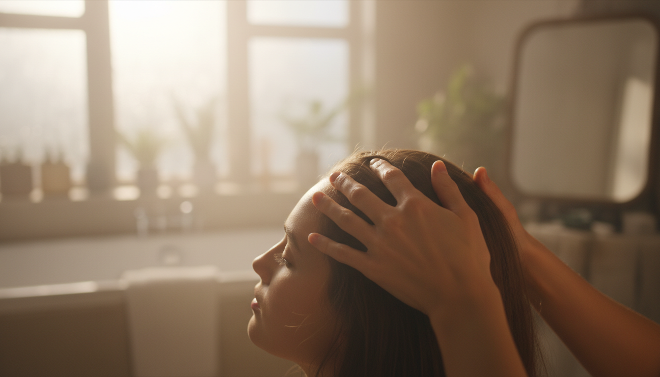 Fingertips massaging scalp in steamy bathroom for better circulation