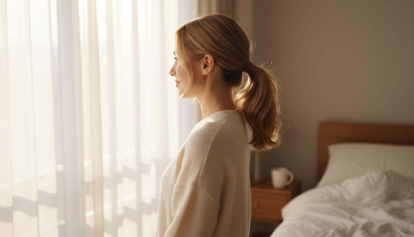 Woman with thin hair in a voluminous low ponytail, illuminated by soft morning light