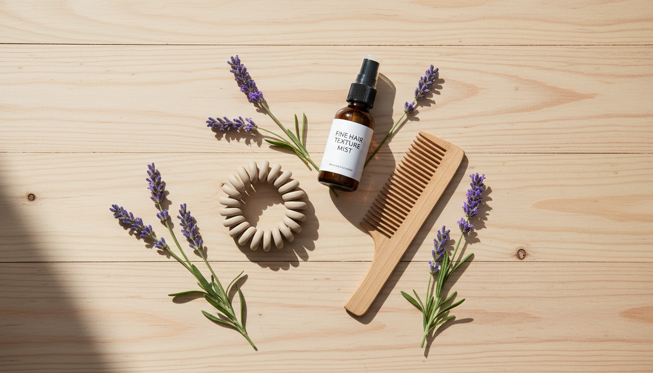 Flatlay of hair ties, comb, texture spray, and lavender on wooden surface