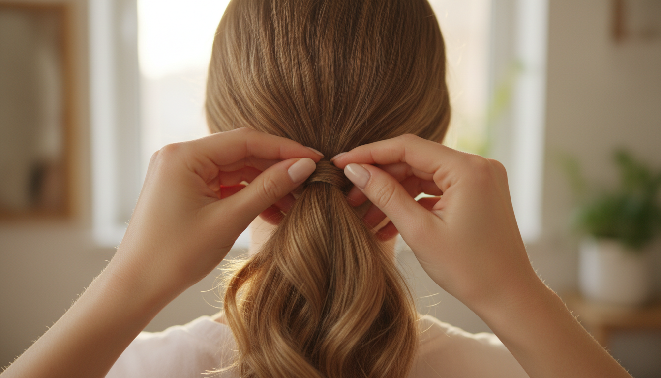 Hands adjusting a low ponytail on thin hair for natural volume