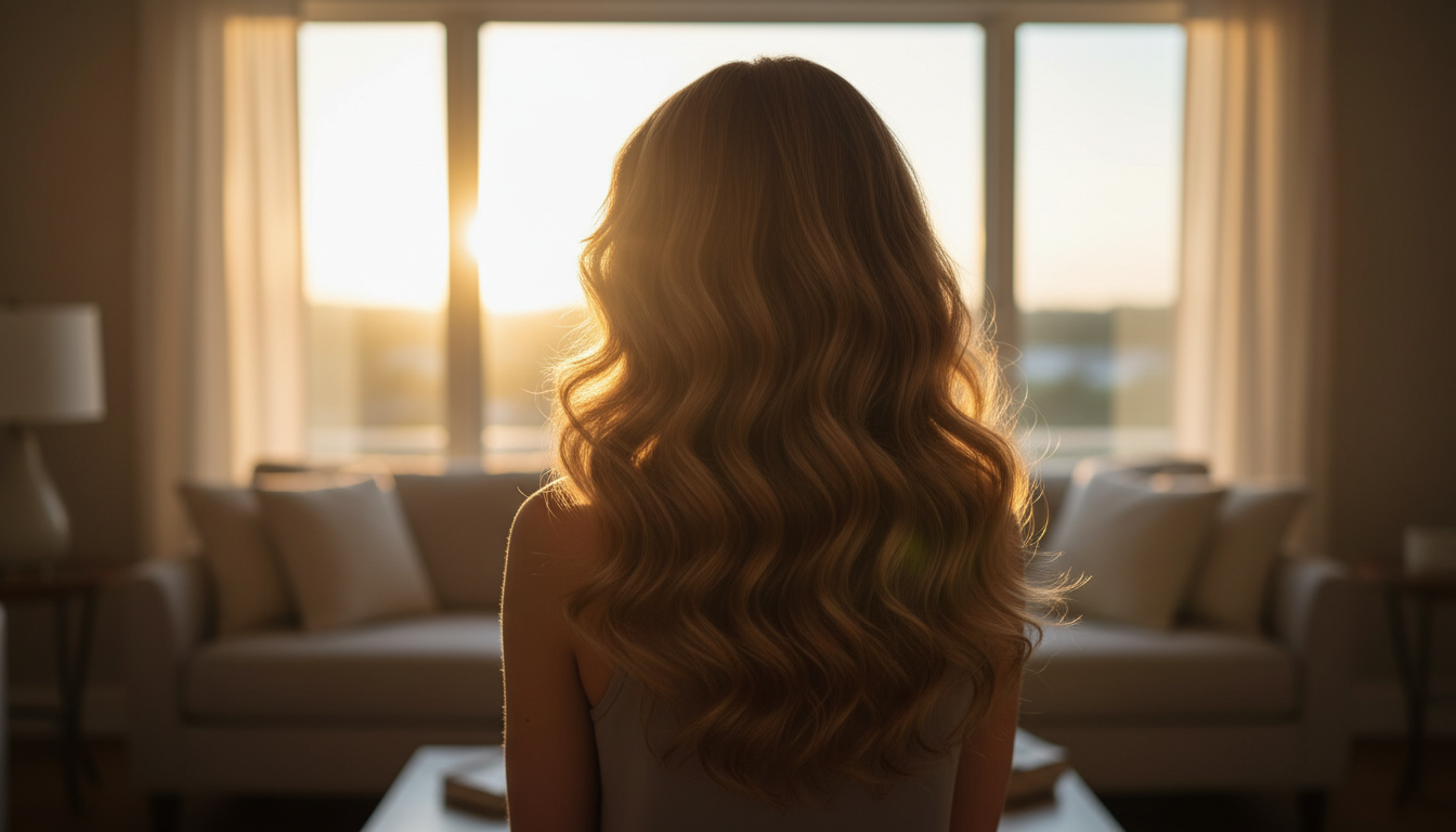 Silhouette of voluminous hair in golden light, evoking instant confidence and fullness