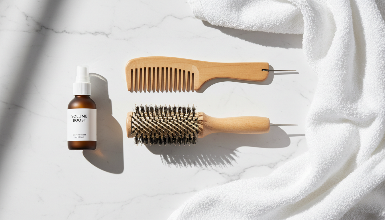 Flatlay of hair styling tools on marble, ready for volume tricks